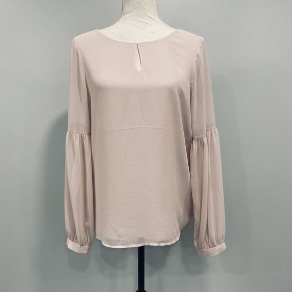 EXPRESS NWT M Women's Pink Sheer Chiffon Blouse Round Neck Balloon Sleeve Office - Picture 1 of 16